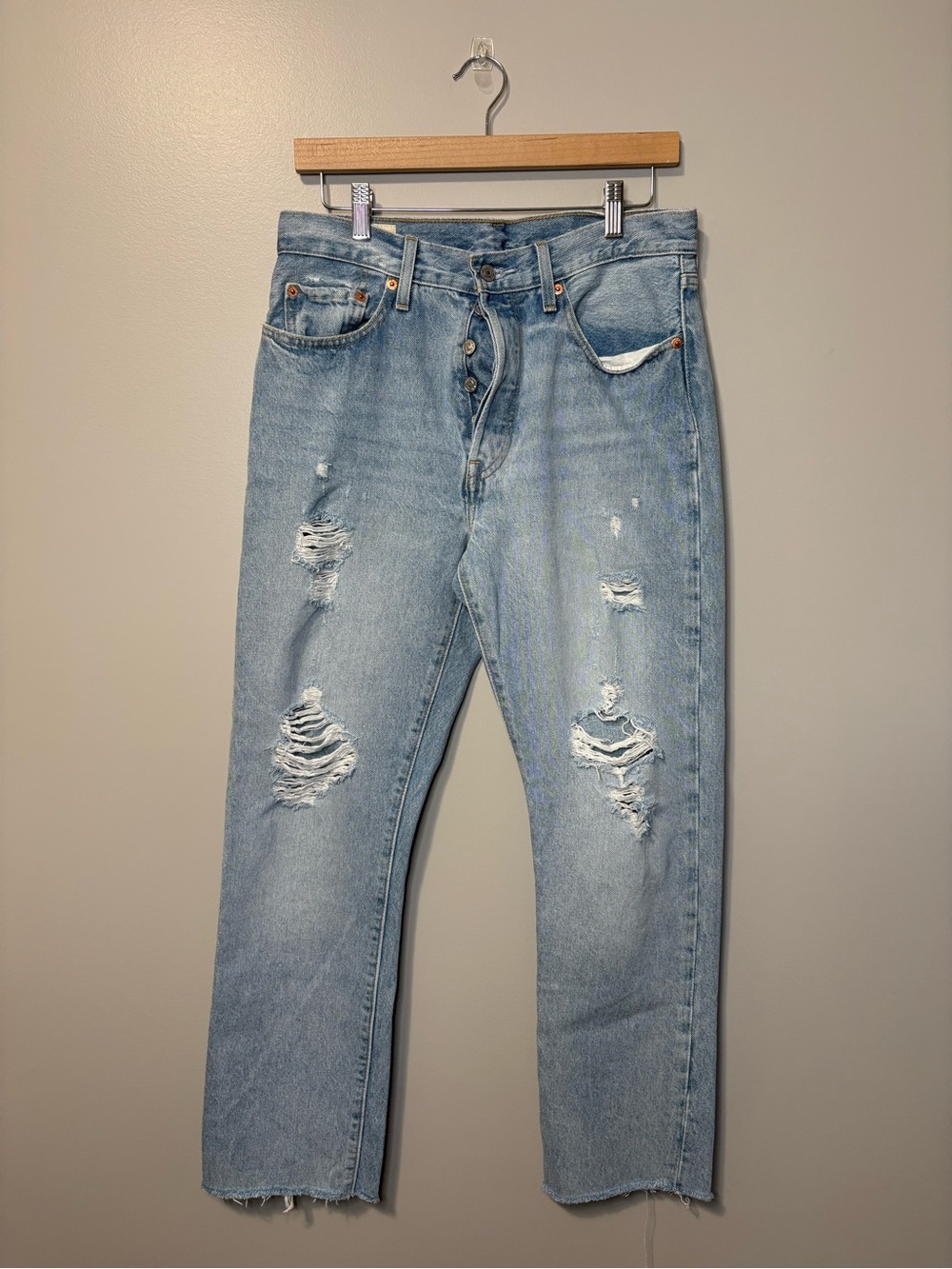 Levi’s 501 Distressed Denim Straight Leg High Rise Button Fly Jeans Light Wash